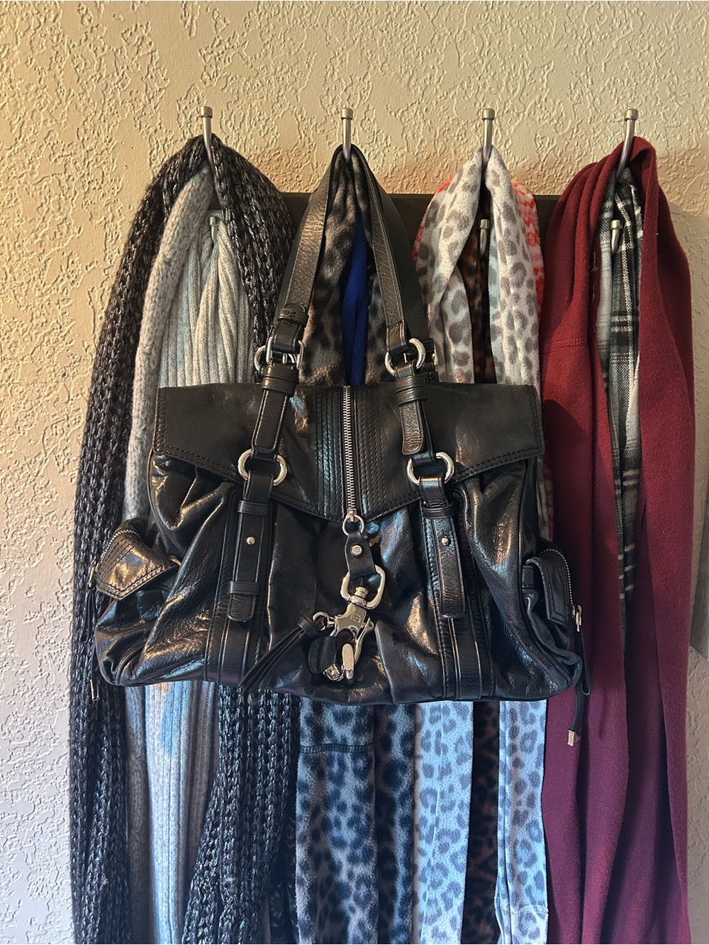 Francesco Biasia Black Leather Satchel Bag with Silver Lock Hardware